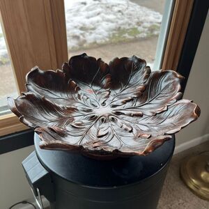 VTG Syroco Wood Leaf Pedestal Bowl Mid Century Sculptural Decor USA 12”